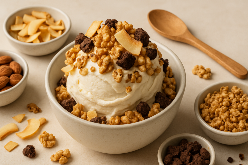 Crunchy Toppings für veganes Eis selber machen – passende Illustration