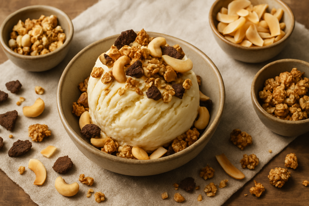 Crunchy Toppings für veganes Eis selber machen – passende Illustration
