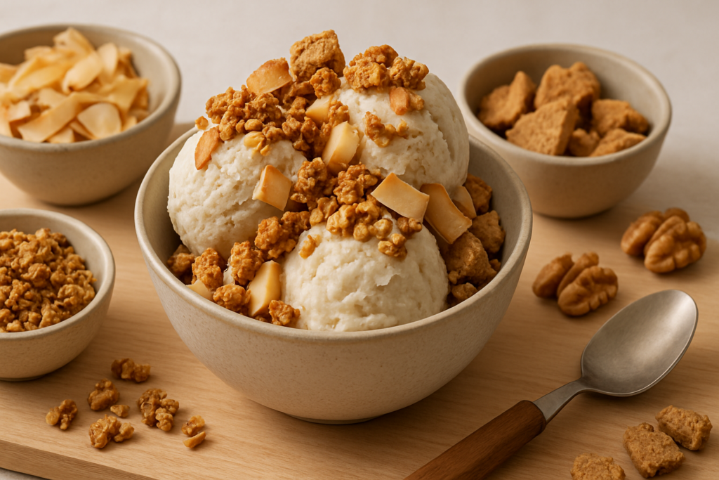 Crunchy Toppings für veganes Eis selber machen – passende Illustration