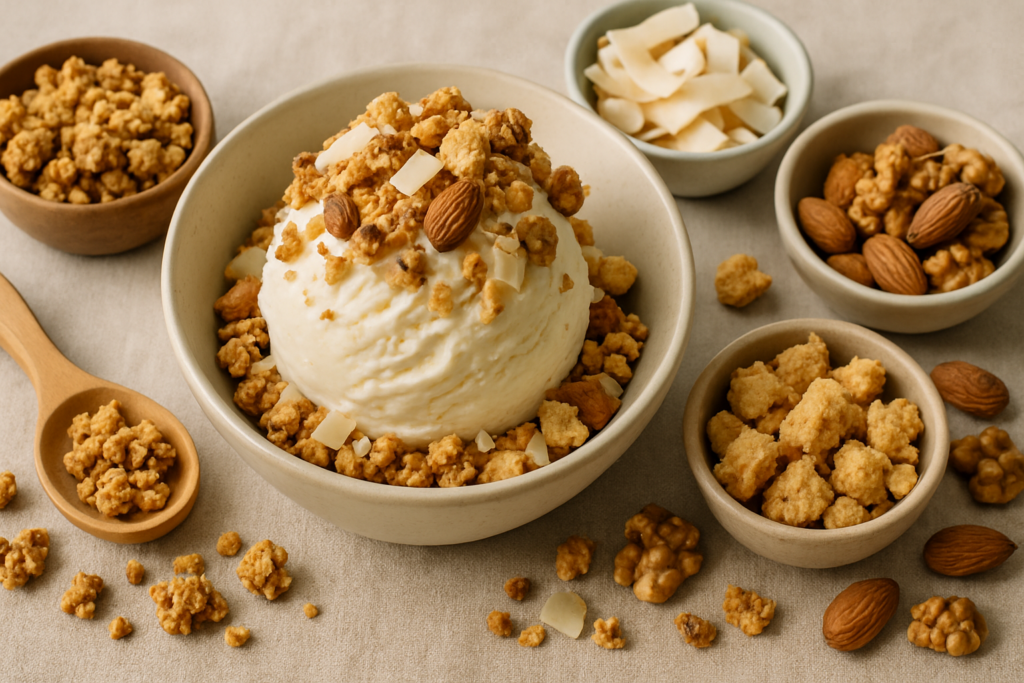 Crunchy Toppings für veganes Eis selber machen – passende Illustration