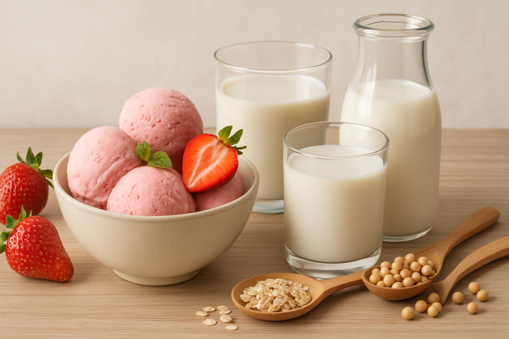 Die besten Pflanzendrinks für cremiges veganes Eis – passende Illustration