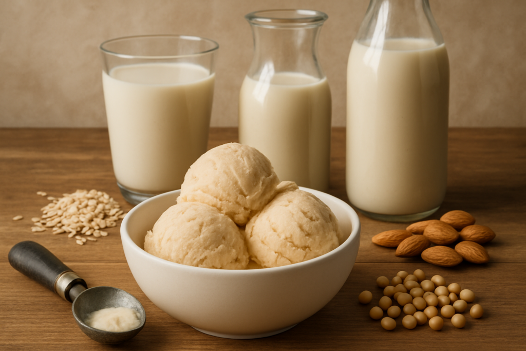 Die besten Pflanzendrinks für cremiges veganes Eis – passende Illustration