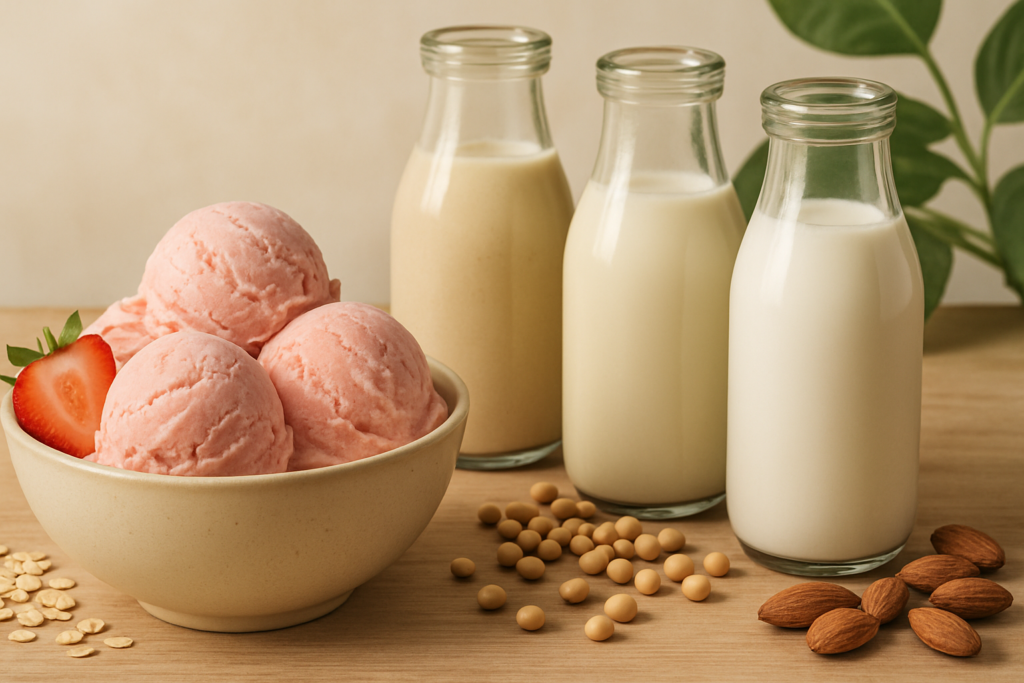 Die besten Pflanzendrinks für cremiges veganes Eis – passende Illustration