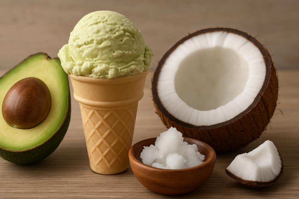 Gesunde Fette für veganes Eis – wie Kokos und Avocado wirken – passende Illustration