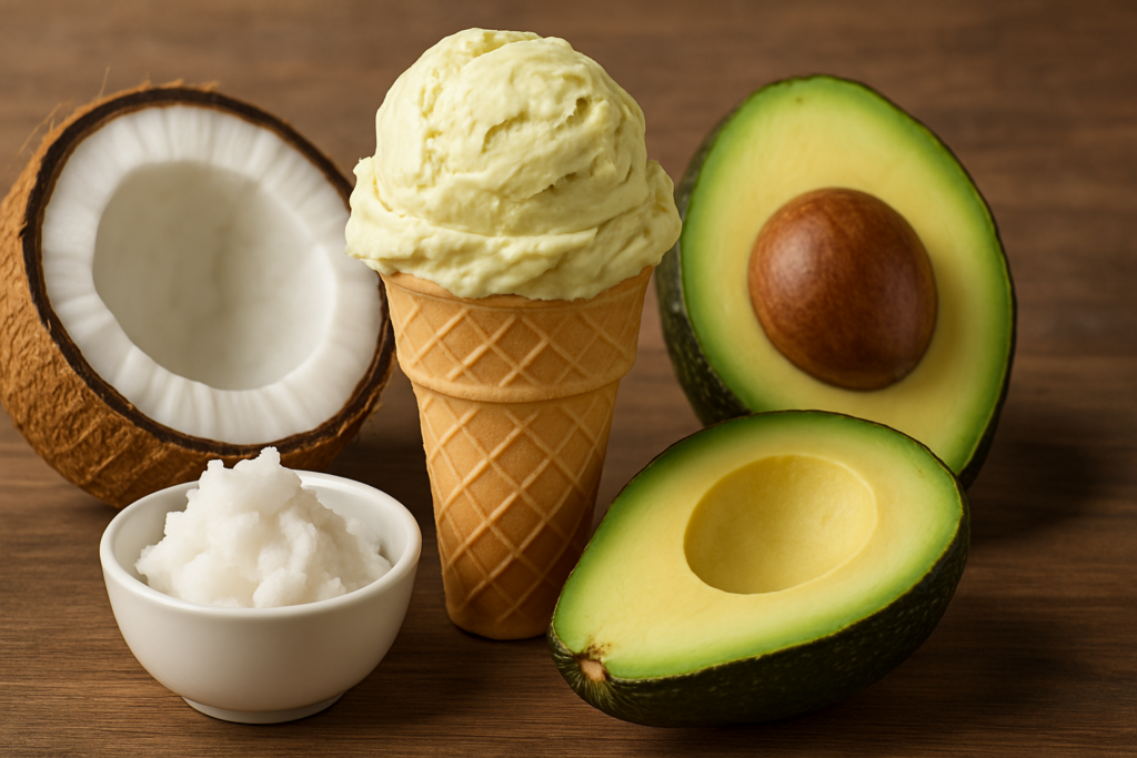 Gesunde Fette für veganes Eis – wie Kokos und Avocado wirken – passende Illustration