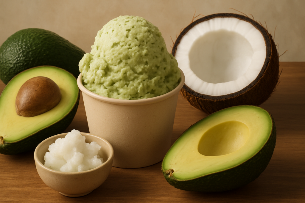 Gesunde Fette für veganes Eis – wie Kokos und Avocado wirken – passende Illustration