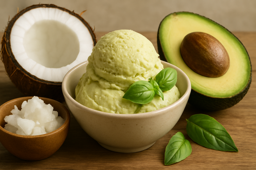 Gesunde Fette für veganes Eis – wie Kokos und Avocado wirken – passende Illustration