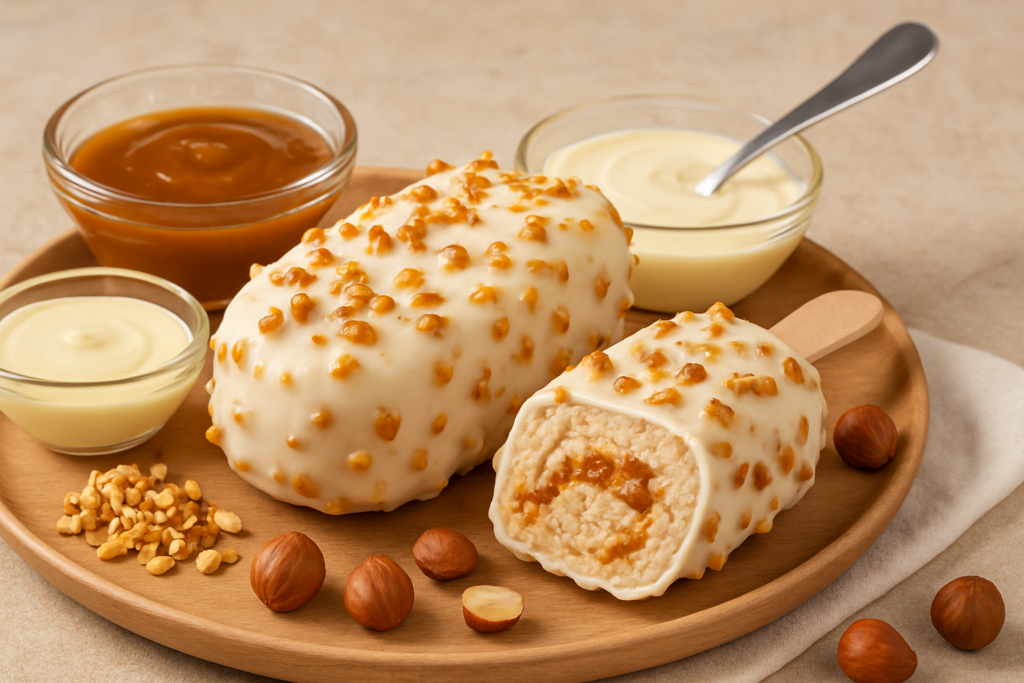 Utopia Double Hazelnut: Das perfekte Haselnusseis mit Karamell- und Mandelgeschmack in weißer Schokolade – passende Illustration
